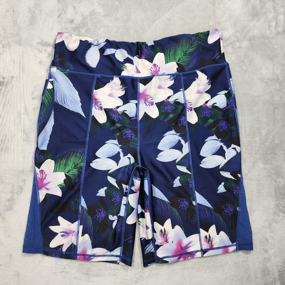 Nine West Active Bike Shorts Womens 3X Blue Floral High Rise Workout Gym Stretch